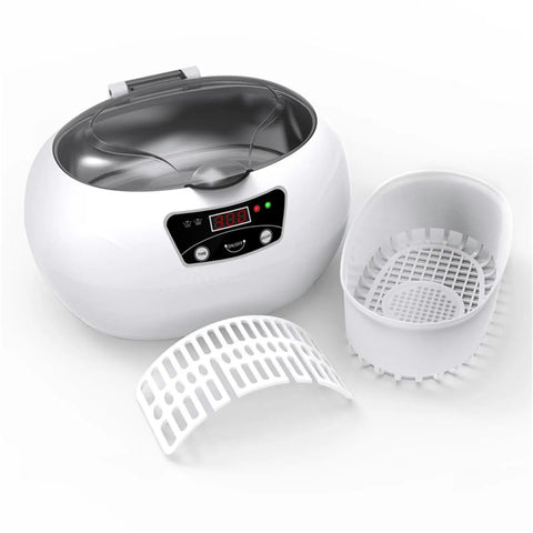 Heavy Duty Ultrasonic Cleaner Bath With Smart Timer, compact design with removable basket for cleaning jewelry, glasses, and dental tools.