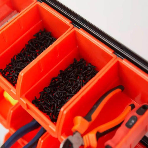 Close-up of Wall Mounted Storage Bins Set with 12 Plastic Bins and 3 Rails for Garage Tools, holding screws and tools.
