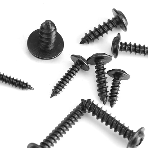 Pro Grade 200 Pcs Carbon Steel Self Tapping Screws Kit with Black Round Head Assortment scattered on white background