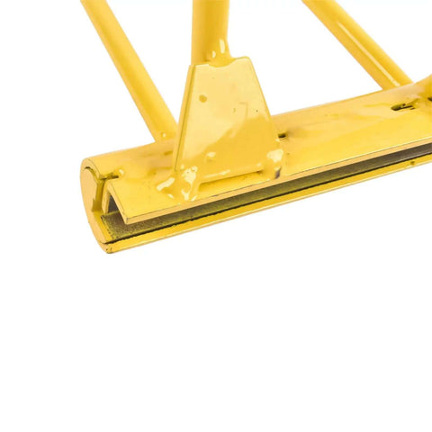 Close-up of 90 Degree Vertical Seam Locking Tool For Metal Roof Panels, yellow metal seamer for tight joints, side view showing build.