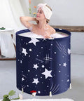 Foldable Portable Bathtub For Shower Stall Eco Friendly Soaking Tub With Insulated Layers Safe Food Grade Material Leakproof Design Easy Setup Comfortable Spa Vibe At Home Blue Sky with woman relaxing inside.