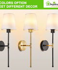 Set Of Two Wireless Wall Sconces With Rechargeable Dimmable Led Bulbs And Remote Control Delivering Fifteen Vibrant Shades And A Straight Up Sleek Gold Design For Bedroom Hallway Or Living Room. Three color options displayed on wall.