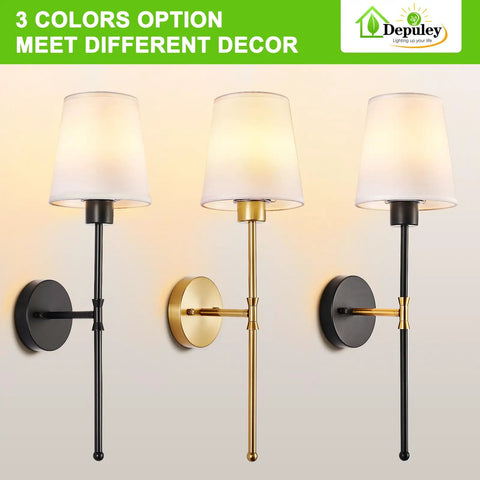 Set Of Two Wireless Wall Sconces With Rechargeable Dimmable Led Bulbs And Remote Control Delivering Fifteen Vibrant Shades And A Straight Up Sleek Gold Design For Bedroom Hallway Or Living Room. Three color options displayed on wall.