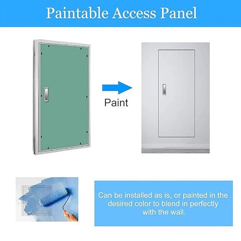 Slick Finish And No Sweat Setup Paintable Drywall Access Panel With Lightweight Aluminum Frame and Secure Latch Handle, before and after painting.