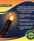 Hand holding Redstone Torch LED Lamp 12.6 Inch USB Rechargeable Nightlight For Gaming Setup Cosplay And Roleplay Orange Official Collectible Desk Light For Home Decor with Minecraft branding.