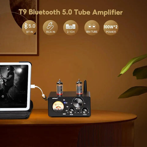 All In One 200W Bluetooth Tube Amplifier With Built In DAC And Preamp 2.0 2.1 Stereo Home Receiver For TV Computer Turntable And Phone Via USB Coax Optical RCA Warm Vacuum Tube Tone And Rich Sound, black 2.1 tube amp with tablet