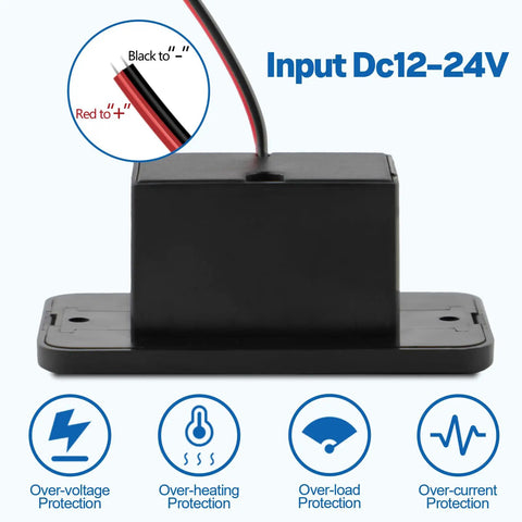 Road Certified Two Pack Rv Usb Outlet 12V 24V Wall Mount showing wiring setup, black panel with protection icons.