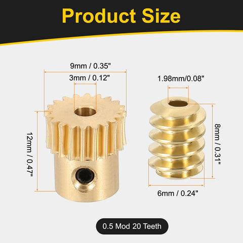 Brass worm gear set; front: 20T gear with 3mm bore, side: brass rod with 1.98mm bore, 20:1 right-rotation reduction