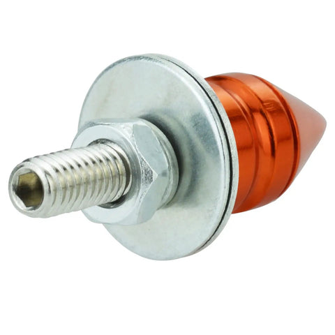 Close-up of an orange Spike License Plate Bolts Kit For Cars Trucks SUVs And Motorcycles 4 Pack aluminum alloy screw with resin insert