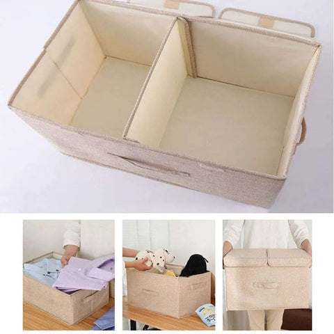 Collapsible Linen Fabric Storage Bin For Clothes Shoes And Toys Nifty Foldable Home Basket in black, showing interior compartments for organization.