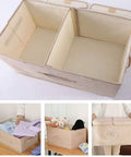 Nifty Collapsible Linen Fabric Storage Basket With Sturdy Foldable Design For Clothes Toys Shoes Books Towels And Magazines Sweet Home Organization Setup with two compartments.