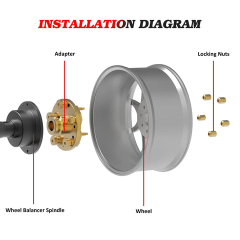 Installation diagram of Grip Tight 40mm Shaft Wheel Balancer Adapter With Shop Grade Tire Balancer Clamp and components.