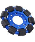 Omni wheel with blue aluminium hub and black silicone rollers for robot DIY