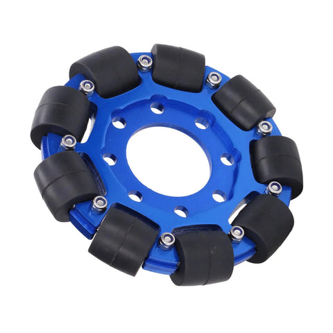 Omni wheel with blue aluminium hub and black silicone rollers for robot DIY