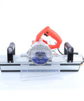 Heavy Duty Electric Tile Bevel Cutter With A Kickass 1200 Watt Motor Spinning 13000 Rpm For Clean 43 Degree Chamfers On Ceramic Or Porcelain Featuring Slick Wet Cut System And 110 V Plug, front view with blade and handles