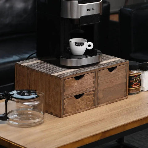 Coffee Pods Storage Drawer Organizer For K Cups And Capsules For Coffee Maker Dual Compartment Desk Drawer With Detachable Partition Fits Small And Large Pods Kitchen Counter Box Dark Wood Mini Chest Your Caffeine Fix showing on a counter with a coffee machine.