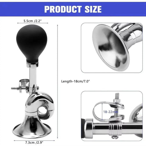 Classic Retro Bike Horn For Ecotric Beach Cruiser Ebike Produces Loud Snail Tone To Alert Pedestrians Instantly While Delivering Immersive Vintage Vibes Perfect For Cruising Neighborhoods And City Ramps With Ease. chrome bike horn with rubber bulb, 18cm long, 18-22mm bar clamp