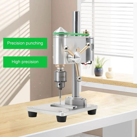 Compact Mini Drill Press Portable Bench Top Electric Tool For Metal Wood Jewelry Diy Crafts Precision Drilling Up To 4500Rpm on a wooden table.