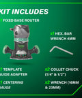 Kit includes Fixed Base Router Built For Pros With 11 Amp Variable Speed Power And Two And One Quarter Peak HP, accessories shown