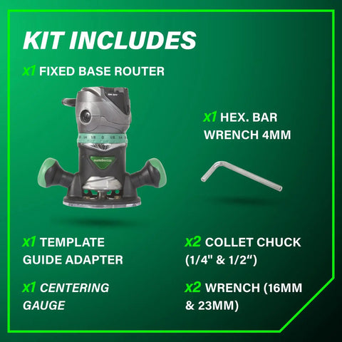 Kit includes Fixed Base Router Built For Pros With 11 Amp Variable Speed Power And Two And One Quarter Peak HP, accessories shown