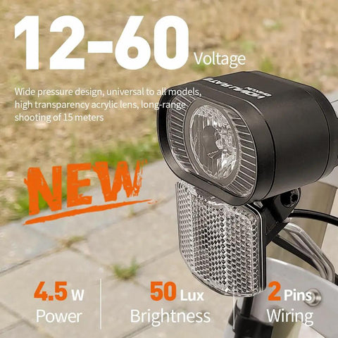 Night Rider Ready 50 Lumen LED Headlight For E Bikes And Scooters, 12V To 60V Compatible, Waterproof Red 2 Pin Plug With 470mm Wire, High Visibility Road And Trail Illumination For City Streets And Off Road Adventures