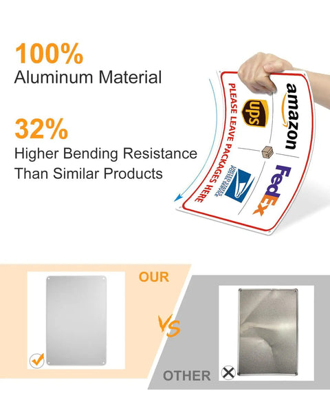 Weather Resistant Aluminum Package Delivery Sign 8X12 held to show 100% aluminum material and higher bending resistance features.