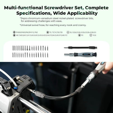 Front view of Creality 74-piece 3D printer tool kit with screwdriver, nozzle cleaner, and bits on an FDM printer
