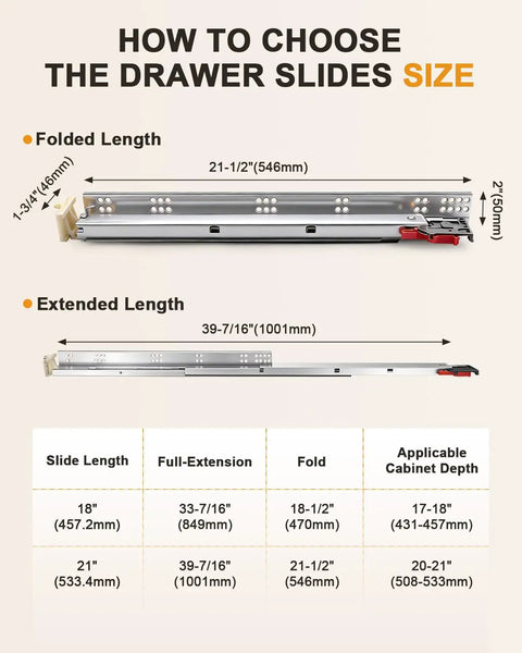 How to choose drawer slides size guide displaying Heavy Duty Undermount Drawer Slides 21 Inch Full Extension dimensions and features.