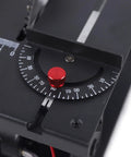 Close-up of the precision adjustable fence knob on the Rock Solid Woodworking Sliding Table Saw for smooth cuts.