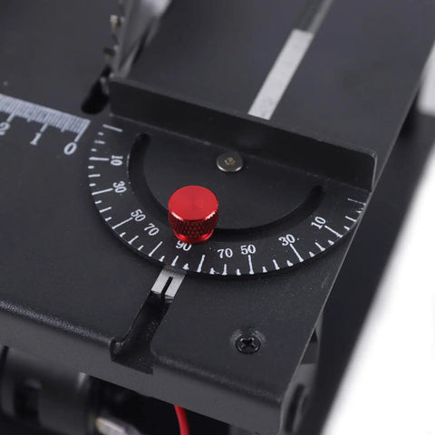 Close-up of the precision adjustable fence knob on the Rock Solid Woodworking Sliding Table Saw for smooth cuts.