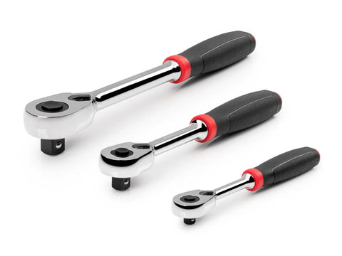 3-Piece Quick-Release Comfort Grip Ratchet Set with 90-Tooth Gear and 4-Degree Swing, showing three handles in different sizes