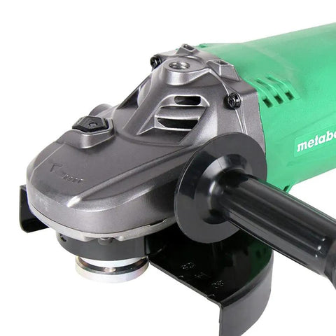 Close-up of a powerful 7-inch angle grinder with 15 amp motor, 2500W capacity, showcasing its rugged and lightweight design.
