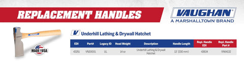 14 Inch Supreme Hickory Hatchet Handle Made In The USA Fits Underhill Lath Hatchet VN20001 dry wall hatchet table