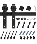 Heavy Duty Sliding Barn Door Hardware Kit Supports Up To 330 Lb, For Doors Up To 36 Inches Wide And 1.375 To 1.75 Inches Thick, Carbon Steel Track With J Shape Rollers, Black Finish, Smooth And Quiet Operation components laid out.
