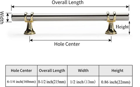 10 Pack Brushed Nickel Cabinet Pulls Barrel Style Handles dimensions showing length, width, height, and hole center.