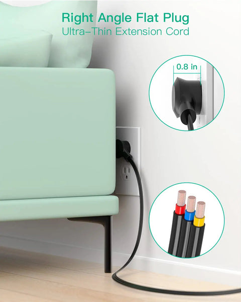 Nine Outlet Surge Protector Power Strip With Three Side Design for Widely Spaced Plugs, flat plug in wall behind furniture.