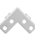 Close-up of 100Pcs Stainless Steel L Brackets 1.6 X 1.6 Inch Beefy Built Right Angle Brace Connectors with four holes and dimensions.