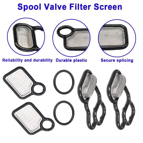 Front view of VVT VTEC Solenoid Gasket Valve Cover Set with filter screens and O-rings for Honda Acura engine models.