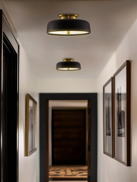 12 Inch Mid Century Modern Black Semi Flush Mount Ceiling Light With Frosted Glass Diffuser 2 Light Low Profile Dome in hallway