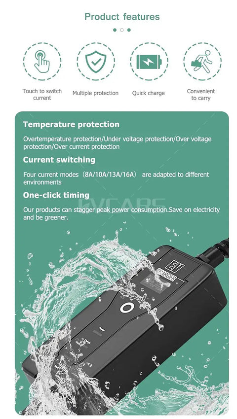 Portable 10 Meter Cable EV Charger With SAE J1772 Type 1 Plug, 16A 3.6KW Level 2 EVSE, IP54 Rated, control box in water splash