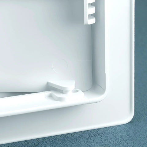 QWORK 10x10 inch white plastic drywall access panel with removable cover and latch.