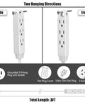 Hassle Free 3 Foot Flat Plug Extension Cord Power Strip With Three Upward Outlets Low Profile Design, side and front views showing sockets.