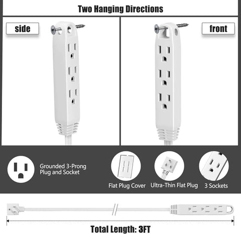 Hassle Free 3 Foot Flat Plug Extension Cord Power Strip With Three Upward Outlets Low Profile Design, side and front views showing sockets.