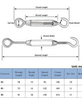 Diagram of M4 Turnbuckle Wire Rope Tensioner Set With Eye And Hook, Stainless Steel 304, measurements in millimeters