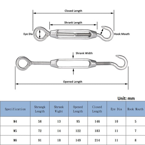 Diagram of M4 Turnbuckle Wire Rope Tensioner Set With Eye And Hook, Stainless Steel 304, measurements in millimeters