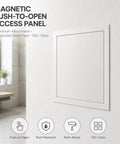 Sleek Quick Swap Access Panel 10X18 Inch Featuring Magnetic Aluminum Frame And Tough Galvanized Steel For Drywall Ceiling, installed on a wall.