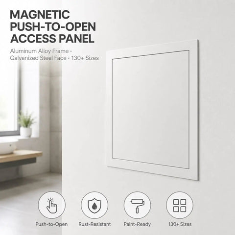 Sleek Quick Swap Access Panel 10X18 Inch Featuring Magnetic Aluminum Frame And Tough Galvanized Steel For Drywall Ceiling, installed on a wall.