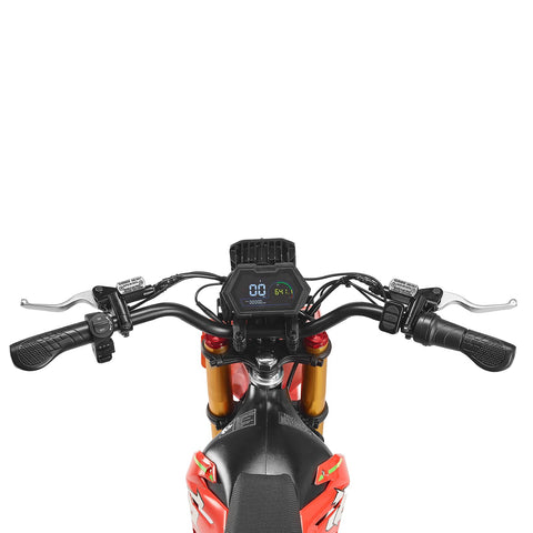 Handlebars and dashboard of HAPPYRUN F18 Electric Dirt Bike Mid-Drive Motor 6000W Peak, Electric Motorcycle 60V 30Ah Removable Battery.