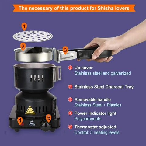 ETL Certified Charcoal Stove With 5 Gear Coal Burner, showing removable stainless steel tray and handle