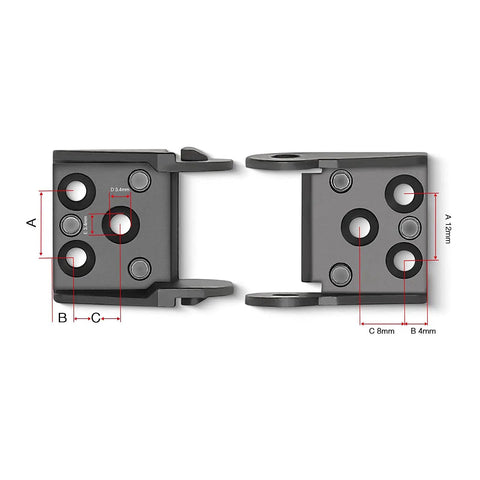 Close-up of end connectors for Open Type Drag Chain Cable Carrier 39.4 Inch, showing measurements with 4mm and 8mm features.